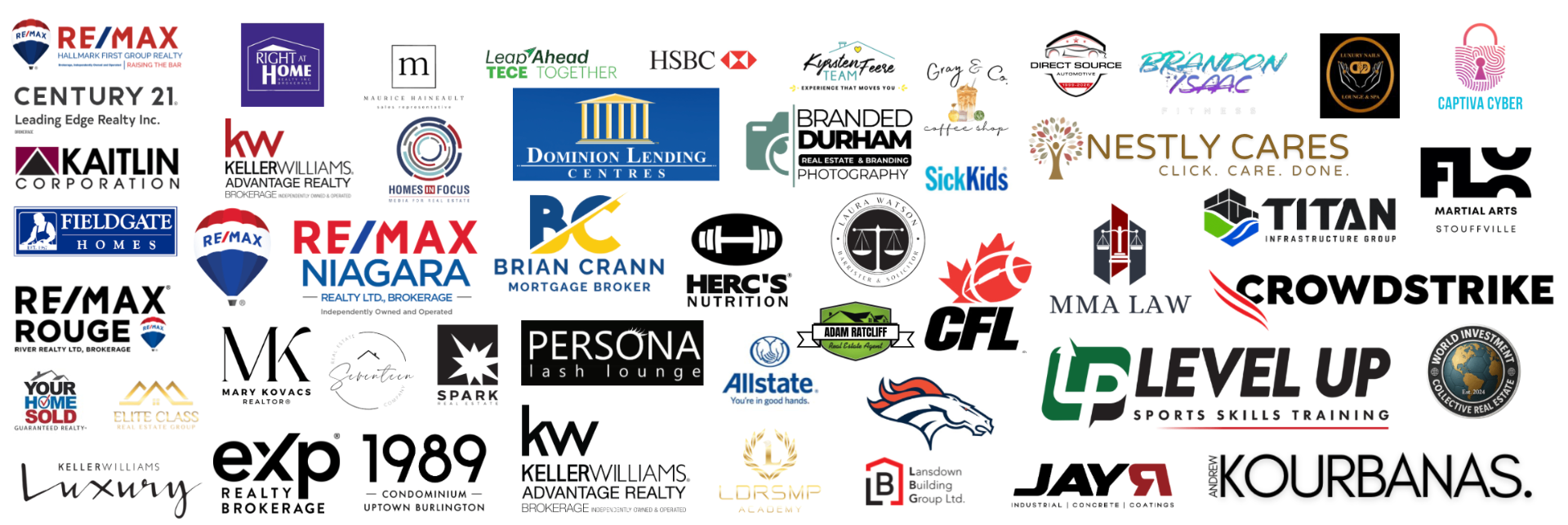 Past client logos including RE/MAX, Keller Williams, HSBC, Century 21, CrowdStrike, CFL, Allstate, and more.